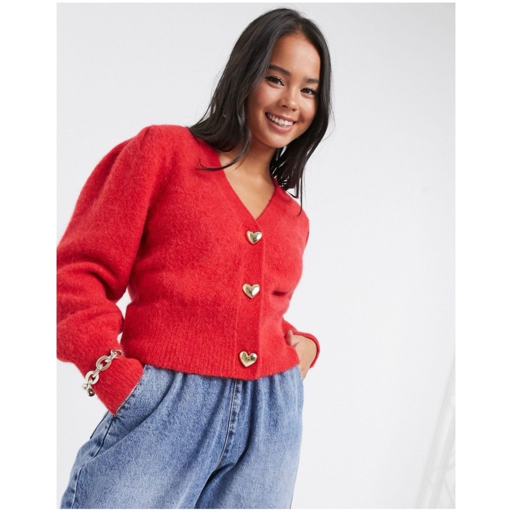 & Other Stories Women’s M Red V-Neck Puff Sleeve Cardigan Sweater Heart Buttons